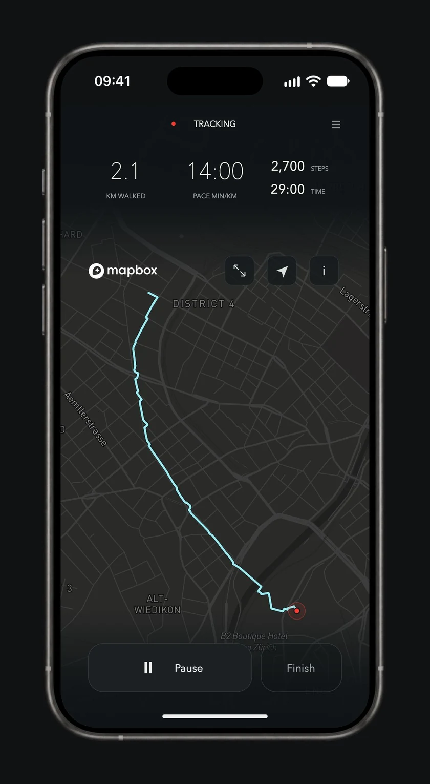 Onward recording a walk on iPhone, with a bright ice-blue route, walking metrics and Pause and Finish controls